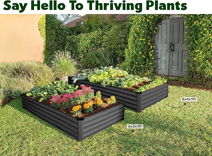 Plant & Plot Galvanized Raised Garden Beds Outdoor // 8×4×1 ft Planter Raised Beds for Gardening, Vegetables, Flowers // Large Metal Garden Box // Patented Tool-Free Design (Dark Gray)