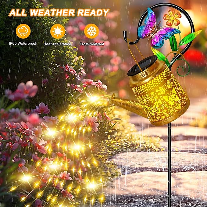 Mothers Day Gifts, Butterfly Solar Watering Can Lights, Outdoor Waterproof Garden Lanterns with Shepherd Hook, Solar Garden Decor for Yard Outdoor Landscape Pathway, Gift for Women Mom Grandma 2 Pack