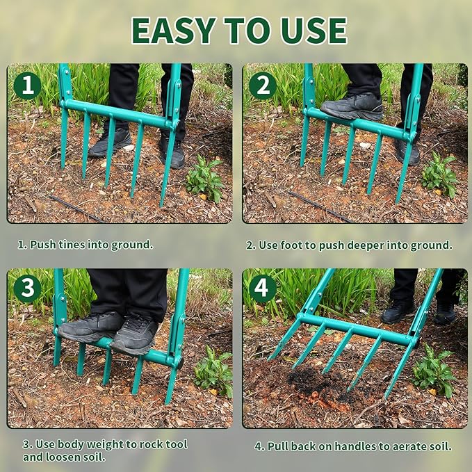 VVOKGO Broadfork Garden Tool with 11.8" Long Tines, 5-Tine Broad Fork for Gardening Heavy Duty, Unbreakable Garden Fork & Hand Tiller for Farm Digging, Crushing, Aerating Soil