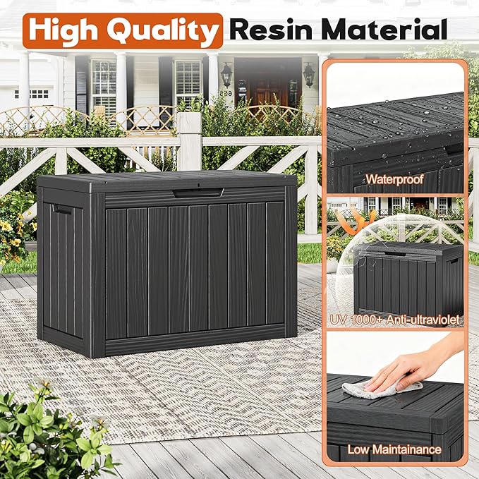 Oudoor Storage Deck Boxes Waterproof, Waterproof and UV Resistant Outdoor Storage Box Lockable Lid for Delivery Box, Indoor, Garden Tools, Pool Supplies, Patio (Black, 45 Gallon)
