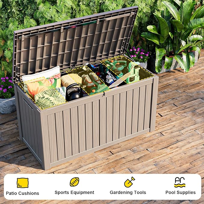 Outdoor Waterproof Resin Storage Deck Box Lockable Outside Bench UV Resistant Bin Patio Porch Furniture Pool Float Garden Tool Cushion (Grey, 180 Gallon)