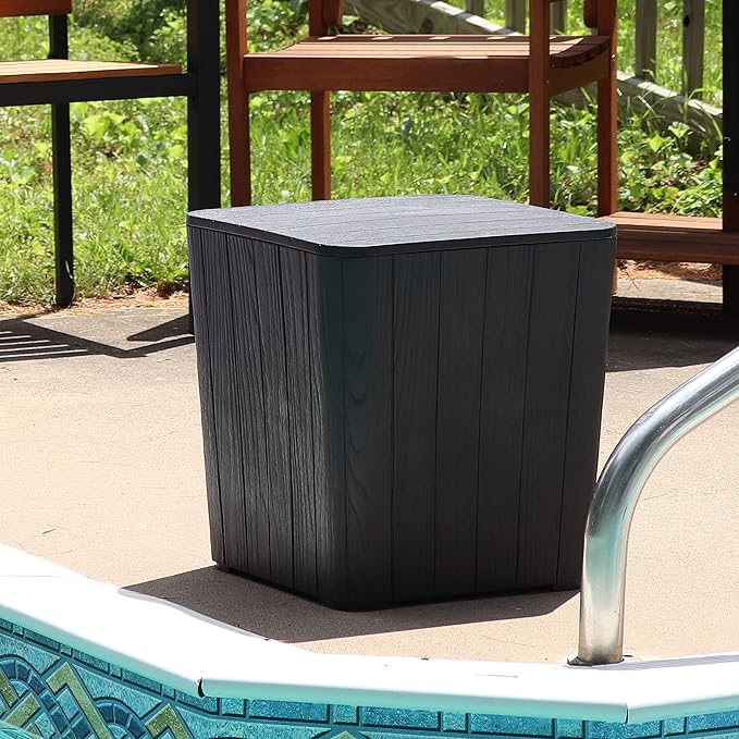 Sunnydaze 11.5-Gallon Outdoor Deck Box - Weather-Resistant Side Table with Storage for Cushions, Garden Tools, Pool Supplies - Phantom Gray - Faux Plank
