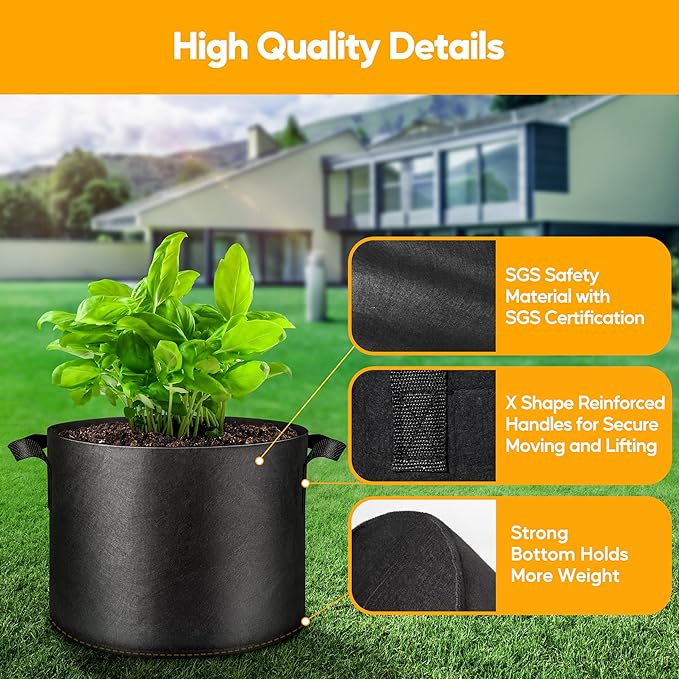 Simple Deluxe Grow Bags 3 Gallon 5 Pack Planter Pots with Handles, Thickened Nonwoven Fabric Aeration Cloth Bag, Heavy Duty Gardening for Tomoato, Potato, Vegetable, Herbs and Flowers, Black