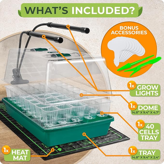 CARPATHEN Seed Starter Tray with Grow Lights and Heating Mat - 40 Cell Plant Germination Tray with 4.7" Humidity Dome Seed Starter Kit for Indoor Seed Starting and Propagation