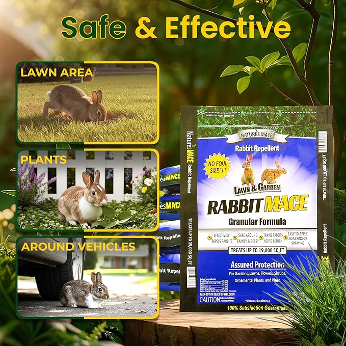 Nature's MACE Rabbit MACE Granules, Rabbit Repellent for Gardens, Lawns, Farms & Landscapes, Treats 95,000 sq ft, Granular Deterrent, 150 Pounds, All-Season Use, Safe for Pets, Children, and Plants