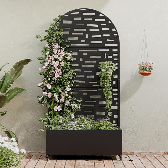 Casaphoria Metal Raised Garden Bed with Trellis and Wheels, 72"x35"x16" Arched Planter Box for Climbing Plants, Vegetables & Vines, Features Drainage Holes and Privacy Screen (Black-Gerald)