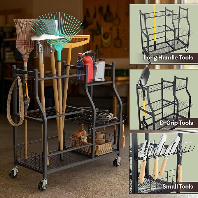 Garage Garden Tool Organizer with Wheels - Yard Tool Storage Rack with 28 Slots for Long Handles, 10 Hooks, 2 Cord Wrappers, 3 Shelves, and Locking Wheels - Shed or Garage Organization by Pure Garden
