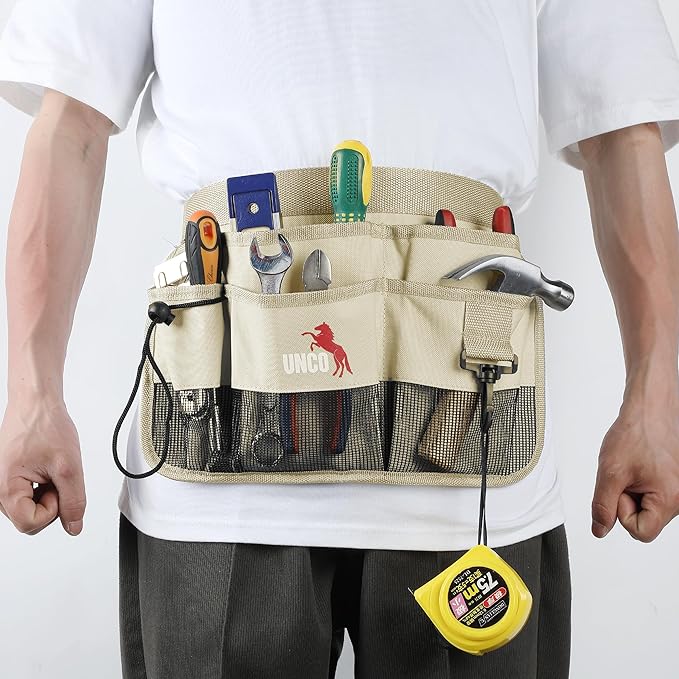UNCO- Adjustable Gardening Belt, Beige, 7 Pockets, Wear, Cut and Water Resistant, Garden Tool Belt Pouch, Waist Apron with Pockets