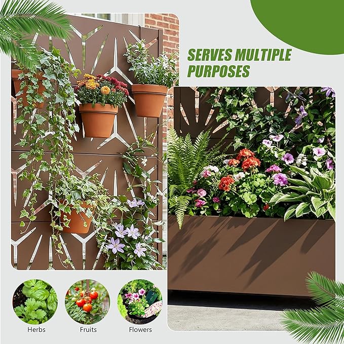 Casaphoria Metal Raised Garden Bed with Trellis and Wheels, 72"x35"x16" Planter Box for Climbing Plants, Vegetables & Vines, Features Drainage Holes and Privacy Screen, Brown-Star
