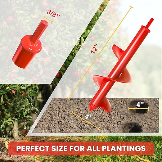 TCBWFY 4"x12" Auger Drill Bit for Planting Digging Holes,Garden Plant Flower Bulb Auger Spiral Drill Rapid Bulb Planter Earth Auger Bit Post or Umbrella Hole Digger for 3/8"Hex Drive