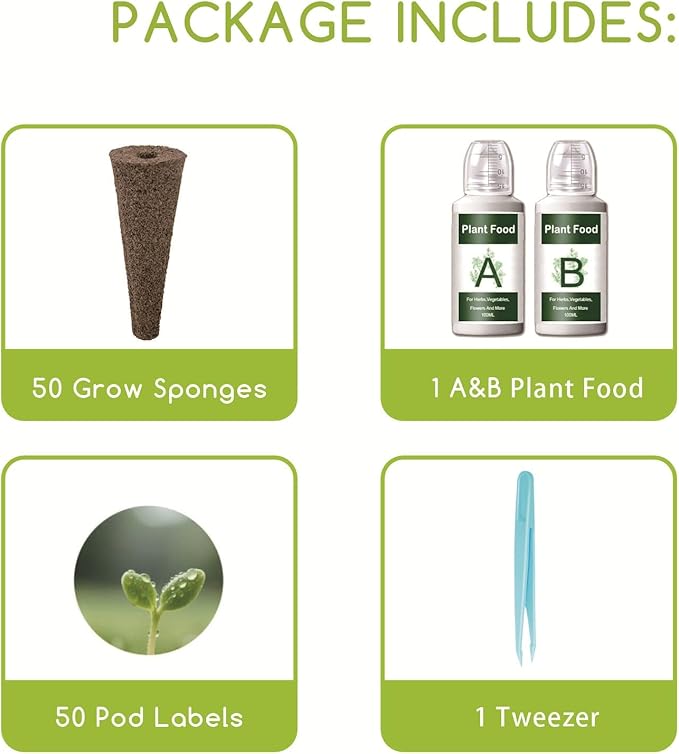 Hydroponic Grow Sponges Seed Starter Pod Kit Fit for AeroGarden and Others, Included 50 Grow Sponges, 50 Pod Labels, A & B Plant Food, 1 Tweezer