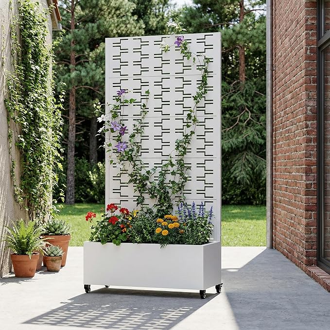 Casaphoria Metal Raised Garden Bed with Trellis and Wheels, 72"x35"x16" Planter Box for Climbing Plants, Vegetables & Vines, Features Drainage Holes and Privacy Screen, White-Brick