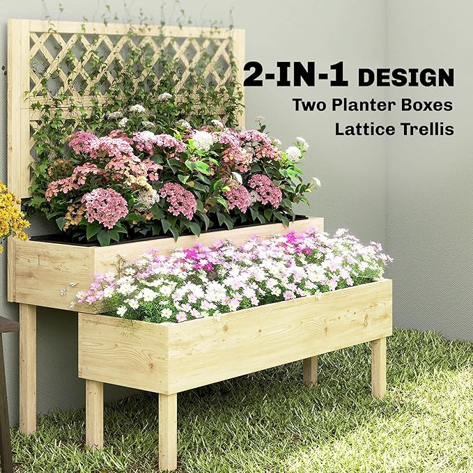 Outsunny 2-Tier Raised Garden Bed with Trellis, Wooden Elevated Planter Box with Drainage Gaps, Liners, Trellis Planter for Climbing Plants, Flowers, Herbs, 42.5" x 24.4" x 47.2", Natural