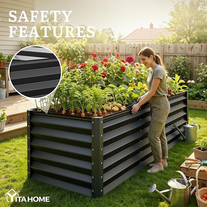 YITAHOME 8x4x3ft Large Raised Garden Bed Kit, Galvanized Metal Planter Box with Gloves, Support Rod & Safety Rubber, Outdoor Above Ground Planters for Plants Vegetables Flowers, Black