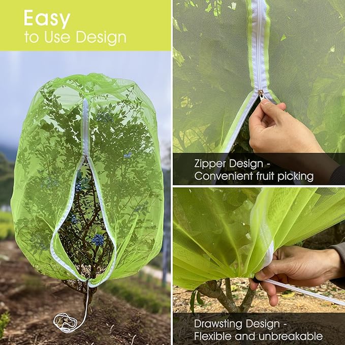 Fruit Tree Netting, RIFNY 5.84 x 3.9 FT Blueberry Bush Netting Cover with Zipper Drawstring, Outdoor Mosquito Net Garden Netting Cover Protector Plant from Birds Cicadas Animals Insect (4 PCS, Green)