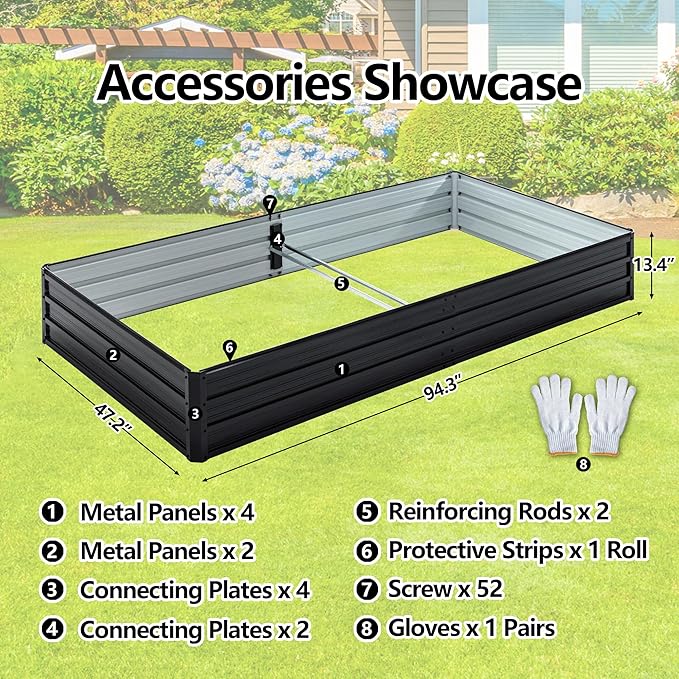 Galvanized Raised Garden Bed 8x4x1ft Outdoor Planter Box Galvanized Steel Garden Bed Kit for Vegetables, Flowers, Herbs and Succulents Black