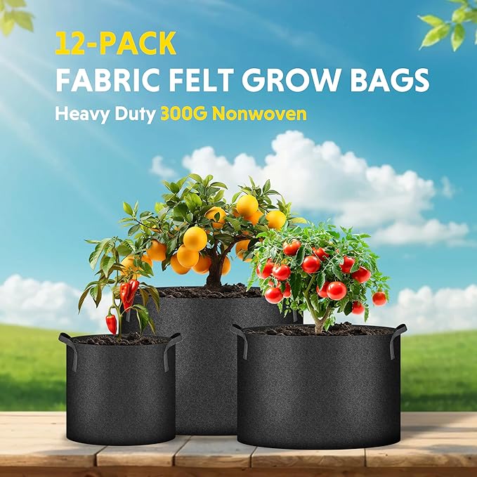 iPower 12-Pack 10 Gallon Grow Bags Heavy Duty Thickened Aeration Nonwoven Fabric Pots with Nylon Handles and 12 Labels for Planting Vegetables, Fruits, Flowers, Black