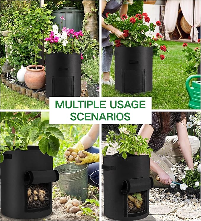 6-Pack 10 Gallon Potato Grow Bags – Durable Nonwoven Fabric Planters with Reinforced Handles | Reusable Garden Containers for Potatoes, Vegetables (Black, 10 Gallons/6 Pack)