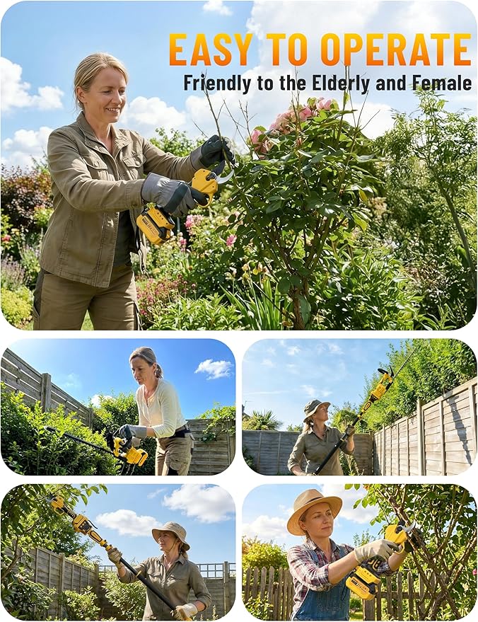4-IN-1 Electric Pruning Shears+Pole Hedge Trimmer Combo, Hedge and Grass Trimmer Cordless & Tree Pruner with Extension Pole for Shrubs, Bushes, Max 15Ft Reach, Compatible with Dewalt Battery