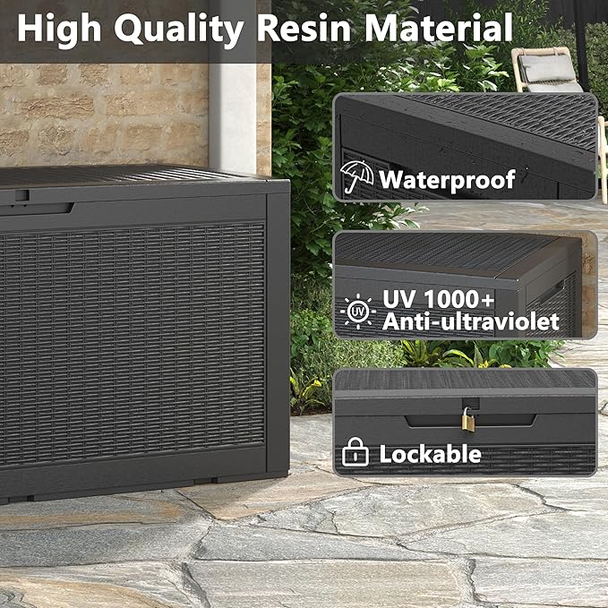 Oudoor Storage Deck Boxes Waterproof, Waterproof and UV Resistant Outdoor Storage Box Lockable Lid for Delivery Box, Indoor, Garden Tools, Pool Supplies, Patio (Black, 110 Gallon)