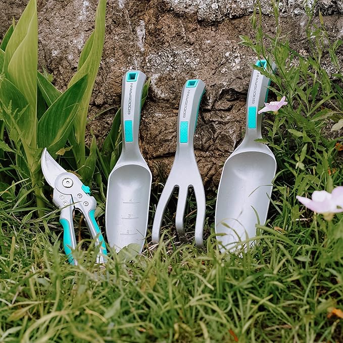 GOODSMANN Heavy Duty Garden Tools Aluminum Gardening Tools Set of 4 Includes Flower Garden Shovel Hand Trowel Weeding Cultivator and Garden Pruning Shears for Women/Men