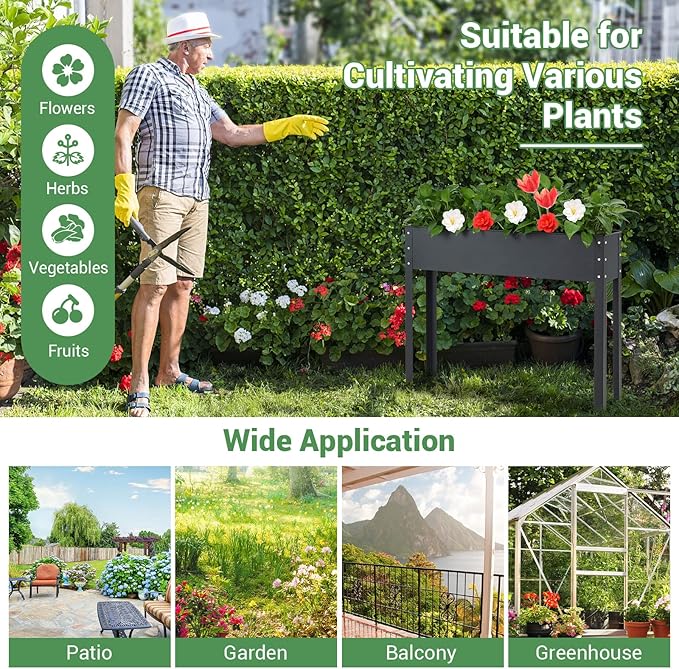 Giantex Raised Garden Bed, Metal Planter Box with Legs, Drain Hole, Outdoor Indoor Elevated Garden Box for Vegetable Flower Herb Fruit, Standing Raised Beds for Backyard Porch Balcony Black