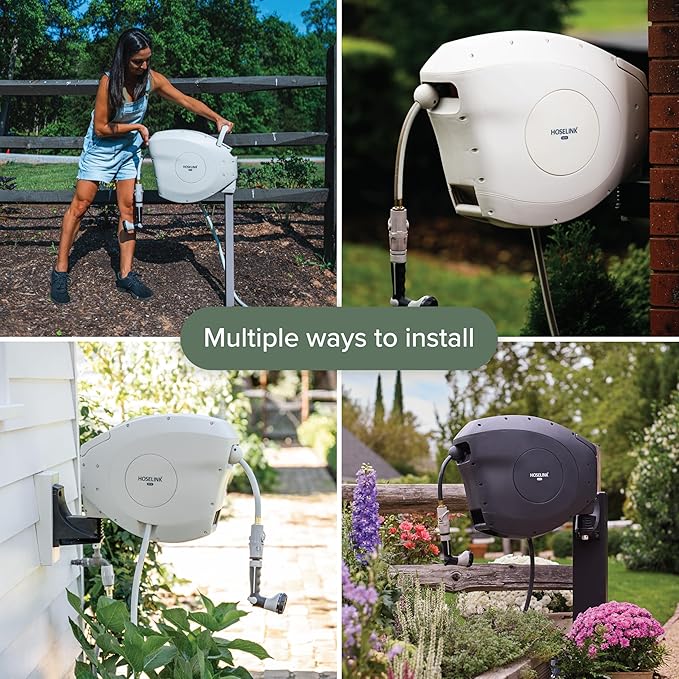 HOSELINK Classic Charcoal 100ft Automatic Retractable Hi-Flow Garden Hose Reel, 1/2" UV-Stabilized Kink-Free Hose, Wall Mounted Complete Watering Solution for Backyard, Garden & Outdoor
