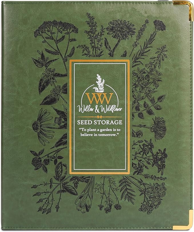 Willow and Wildflower Garden Seed Organizer Binder, Seed Storage Organizer, Garden Binder Book for Packet Storage Catalog Can Store 120 Packets with Dibber and Widger (Moss Green)