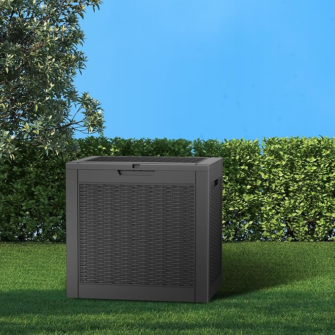 Vixzen 31 Gallon Resin Deck Box - Lockable Outdoor Storage for Patio Cushions, Garden Tools, Pool Supplies（Black，31 Gallon）
