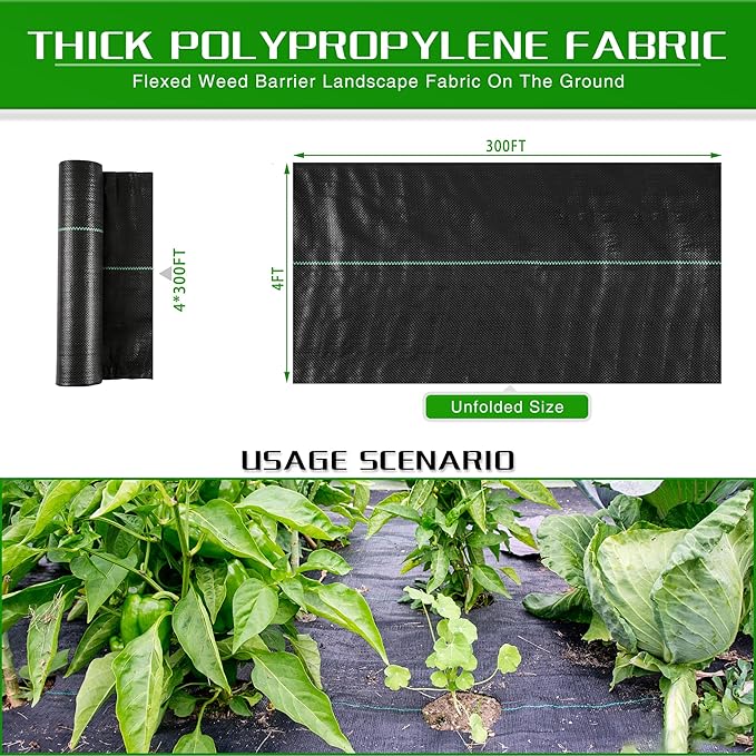 Weed Barrier Landscape Fabric Heavy Duty, 4FT x 300FT Thicken Garden Fabric Weed Mats, Weed Control Garden Cloth, Woven Geotextile Fabric for Garden Beds, Underlayment, Commercial Driveway