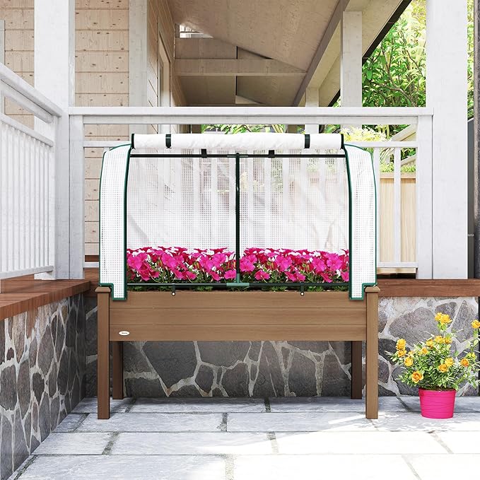 Outsunny Raised Garden Bed with PE Greenhouse Cover Outdoor Elevated Wood Planter Box for Herbs and Vegetables, Use for Patio, Backyard, Balcony, 48 x 22 x 46 inch, Brown