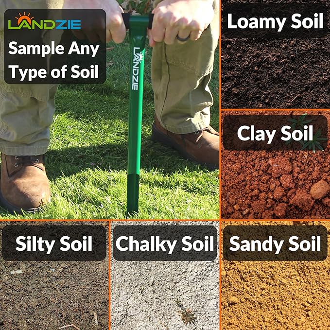 Landzie Lawn & Garden Care Kit - 24 Inch Mesh Push Spreader and 20 Inch Steel Soil Sampler Probe - Test Grass Plugs and Spread Topdressing - Multi-Purpose Compost, Peat Moss, Topsoil (24 Inches)