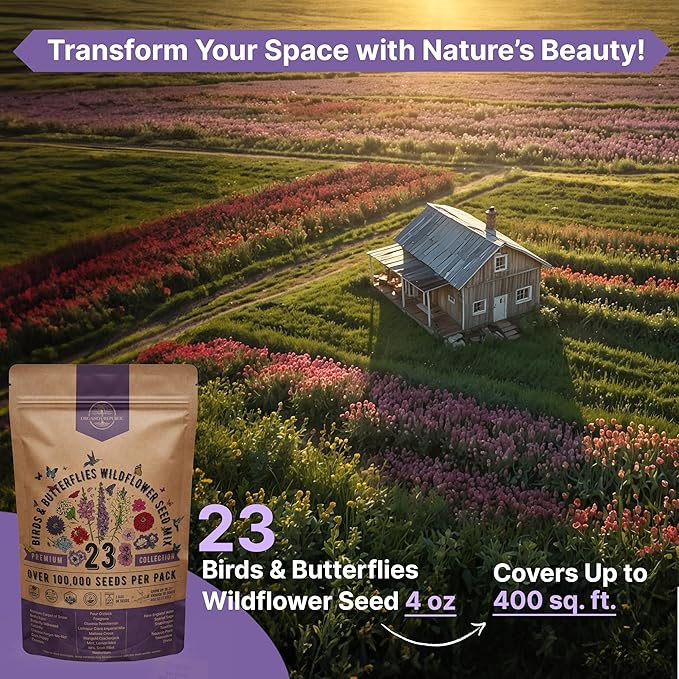 Organo Republic 23 Wildflower Seeds Annual & Perennial Mix for Indoor & Outdoors, Attract Birds & Butterflies 100,000+ Non-GMO, Heirloom Garden Seeds, 4oz Packet for Growing Wild Flowers (Pack of 2)