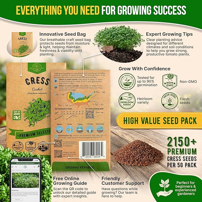 Organo Republic Curled Cress Seeds Pack 5G - Over 2,150 Non-GMO Heirloom Cress Seeds for Planting Greens in Individual Seed Packet, Greens Seeds for Planting Home Garden Indoor & Outdoor Gardening