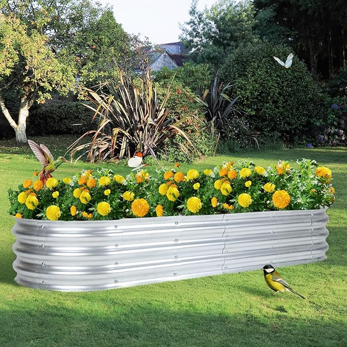 Aoodor Galvanized Raised Garden Bed Kit, 6 x 2 x 1 Ft, Oval Planter Boxes for Vegetables, Flowers, and Herbs, Outdoor Use, Silver