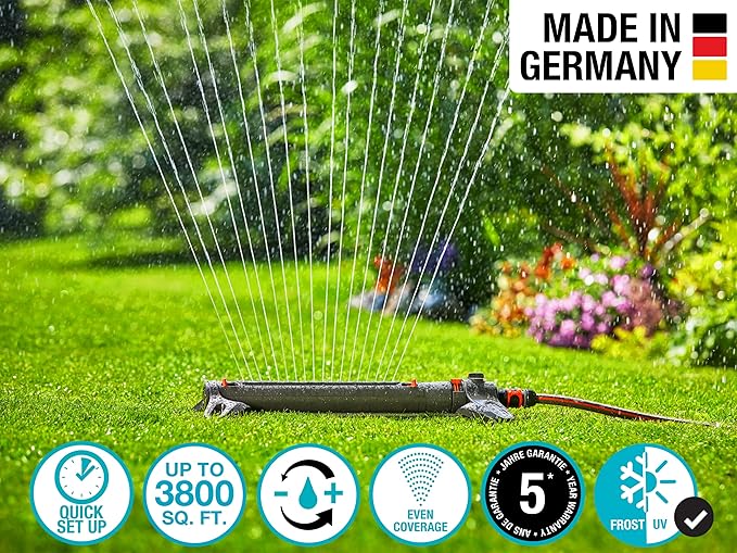 GARDENA 20570 | Up to 3800 sq ft - AquaZoom Adjustable Oscillating Yard Sprinkler, for Watering Large Area Lawn and Garden. Aquazoom Outdoor oscillating Sprinkler has Wide Heavy Duty Base.