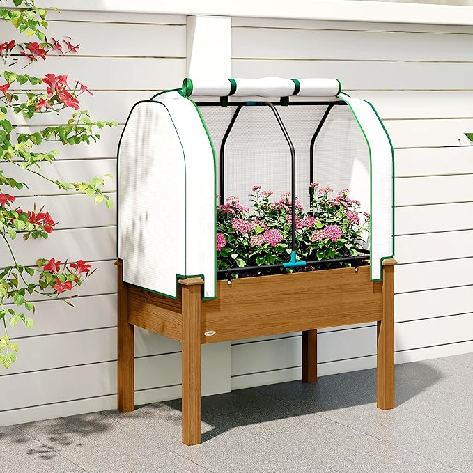 Outsunny Raised Garden Bed with PE Greenhouse Cover Outdoor Elevated Wood Planter Box for Herbs and Vegetables, Use for Patio, Backyard, Balcony, 35 x 22 x 47 inch, Brown