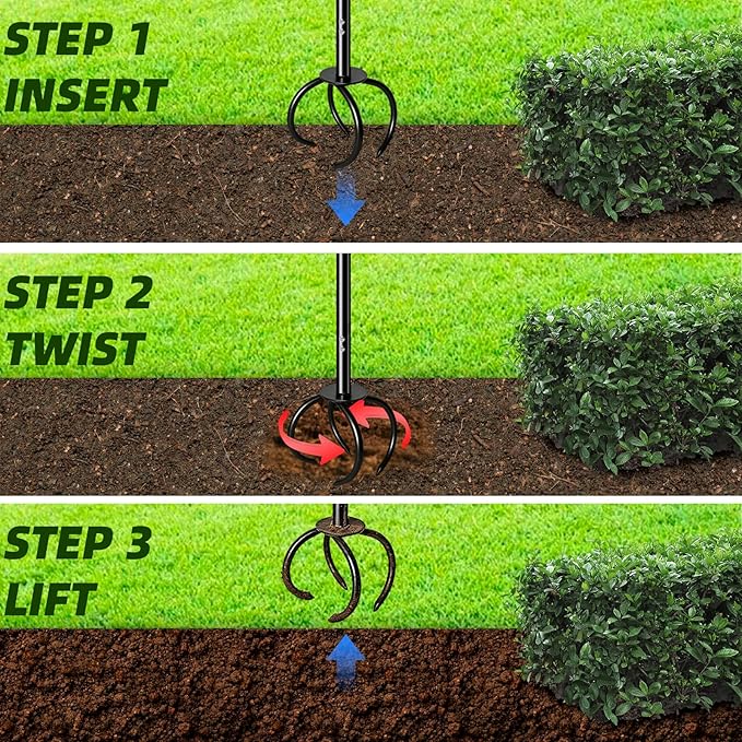 Amorest Heavy Duty Hand Tiller for Gardening, Long Handle Garden Claw Twist Tiller, Manual Soil Cultivator & Lawn Aerator for Raised Beds & Vegetable Garden – Powder-Coated Steel, Rust Resistant
