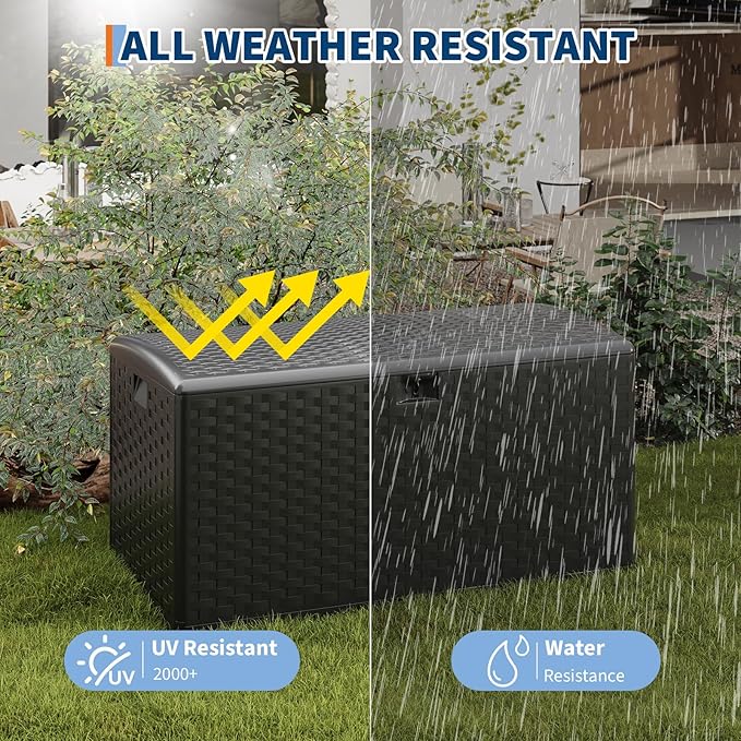 GarveeLife 100 Gallon Outdoor Storage Box, Large Resin Deck Box with Hydraulic Air Rod, Weatherproof & Lockable Outdoor Storage Bin for Patio Cushions, Garden Tools, Pool Supplies, Porch, Black