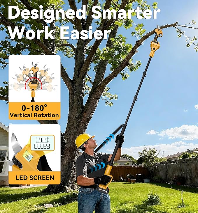 2-in-1 Pole Pruning Shears, 1.6" Cutting Diameter Cordless Electric Pole Pruners - Brushless Motor, 2x4.0Ah Batteries, Extra SK5 Blade, 4 Modes Adjustable Branch Cutter for Garden & Flower (Yellow)