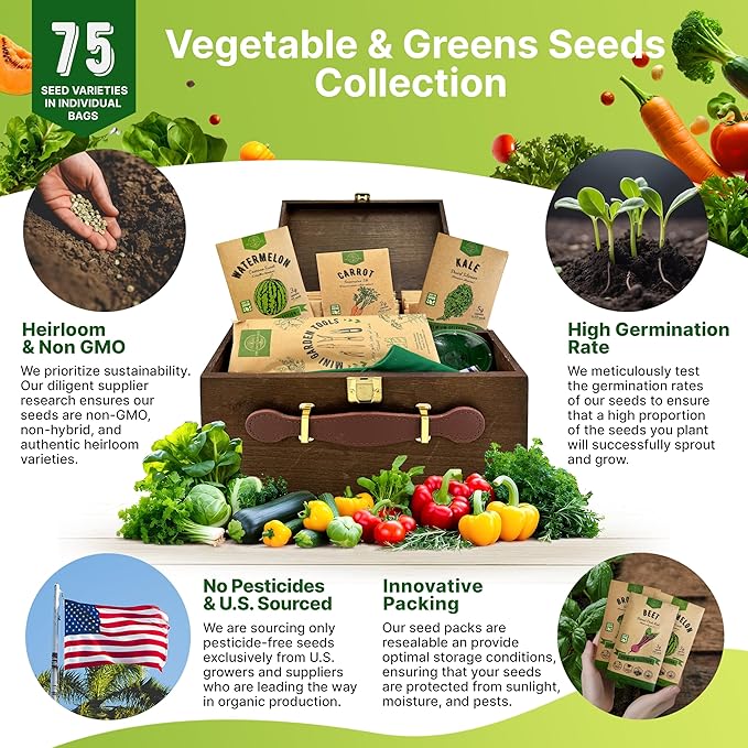 75 Vegetable & Greens Seeds Variety Pack, Garden Seed Starter Kit - Over 44,700 Non-GMO Heirloom Seeds for Planting Vegetables and Greens, Seed Box with Gardening Supplies, Survival Kit