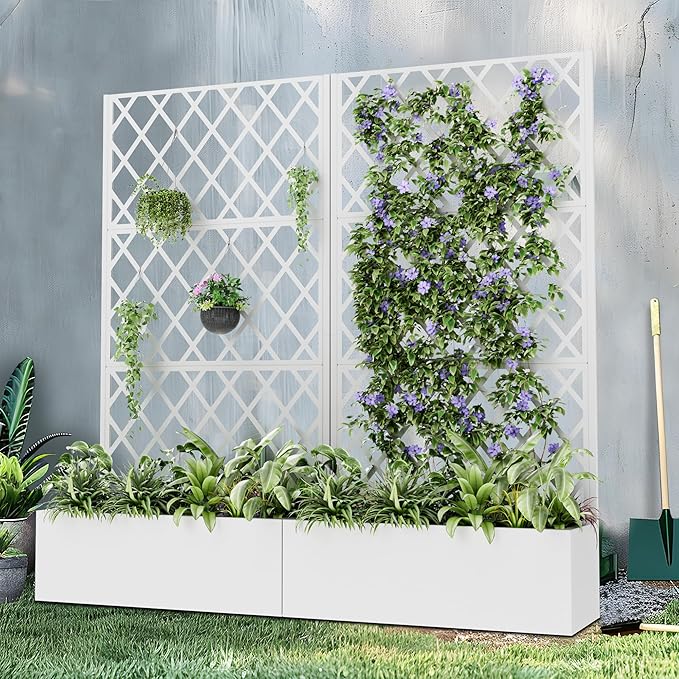 Casaphoria Metal Raised Garden Bed with Trellis and Wheels, 72"x35"x16" Planter Box for Climbing Plants, Vegetables & Vines, Features Drainage Holes and Privacy Screen, White-Rhombus