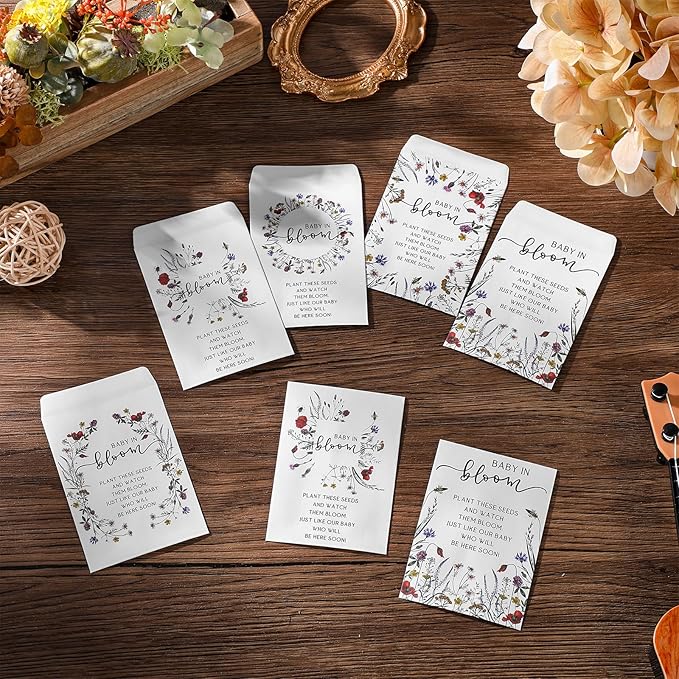 Fumete 25 Pcs Baby in Bloom Seed Packet Favors Baby Shower Wildflower Kraft Self Adhesive Envelopes Mini Organizer for Garden Office Gift Party Favors, No Seeds, 5 Styles
