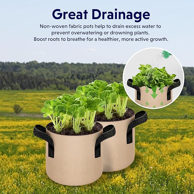 iPower 5-Pack 2 Gallon Plant Grow Bags Thickened Nonwoven Aeration Fabric Pots Heavy Duty Durable Container, Strap Handles for Garden, Tan