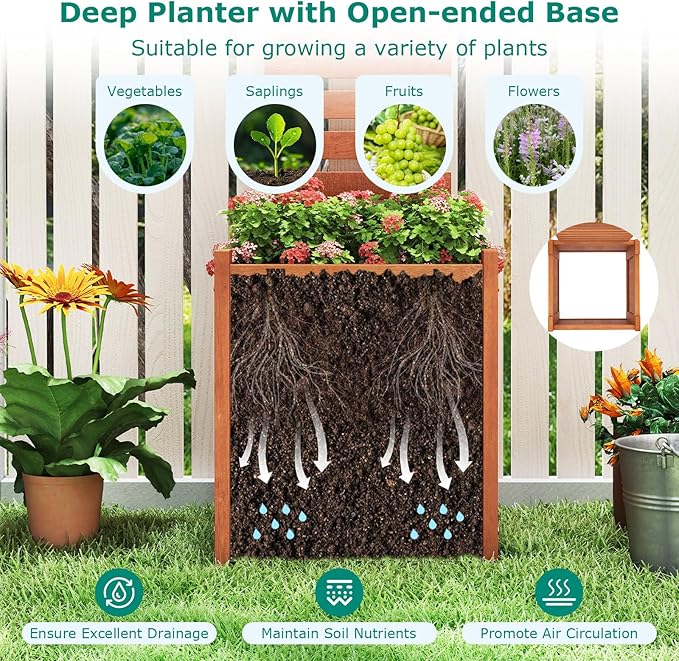 Giantex Wood Raised Garden Bed with Trellis Set of 2, Outdoor Planter Box w/Open-Ended Base for Climbing Plants, 18'' Planting Depth Freestanding Privacy Planters Trellis Planter for Patio, Backyard