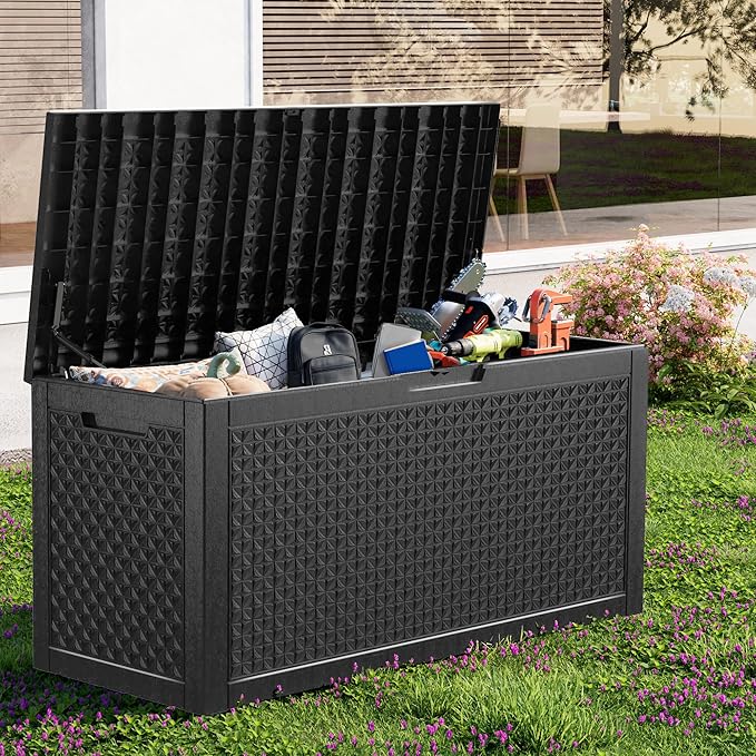 110 Gallon Outdoor Storage Box,Large Waterproof Resin Deck Box,Lockable Storage Container with Reinforced Support for Patio Cushions,Garden Tools,UV-Resistant(Black,110Gallon)