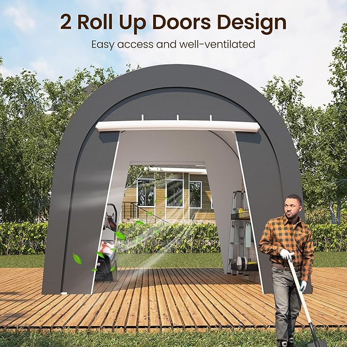 Kiss the Water Domed Carport with 4 Cloth Bags, Portable Garage with 2 Roll-up Doors, Heavy Duty Car Canopy Party Tent, All-Season Storage Shelter Shed for Cars, Truck, or Garden Tools, 10' x 15'