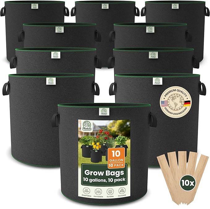 Mabel's Gardening 10-Pack 10 Gallon Grow Bags - Garden Planting Bags 13.4 x 16.3 INCH Made of 8.85 oz/yd² (300g/m²) Felt & Fleece Fabric Plant Pot, Plant Bag, Grow Bag for Carrot Potato Tomato