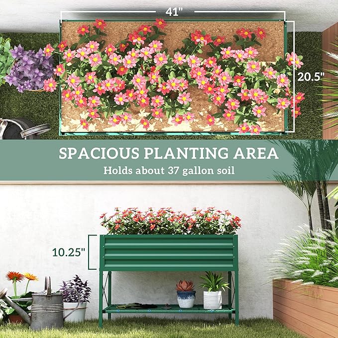 Outsunny Raised Garden Bed with Galvanized Steel Frame, Storage Shelf and Bed Liner, Elevated Planter Box with Legs for Vegetables, Flowers, Herbs, Green