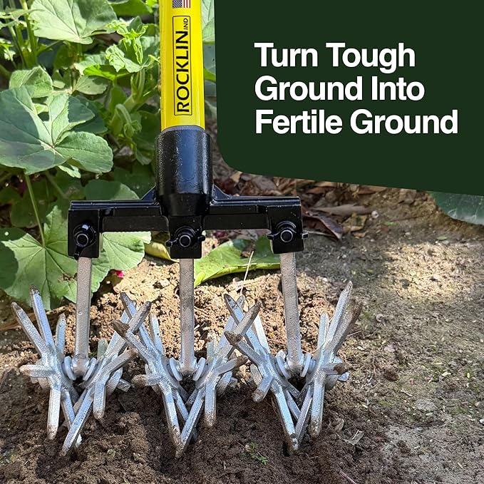 Rocklin Industry New Heavy-Duty Rotary Cultivator with 2X Steel for All Soils Till, Aerate, Weed, or Mix | 60” Extra Long Handle